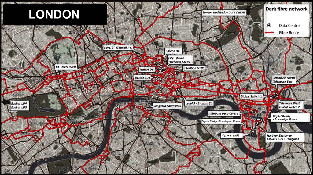 Map of London's dark fibre optic network