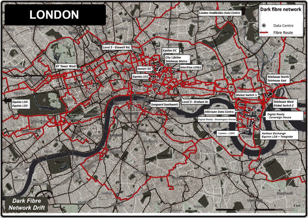 Map of Londons optical fibre network.